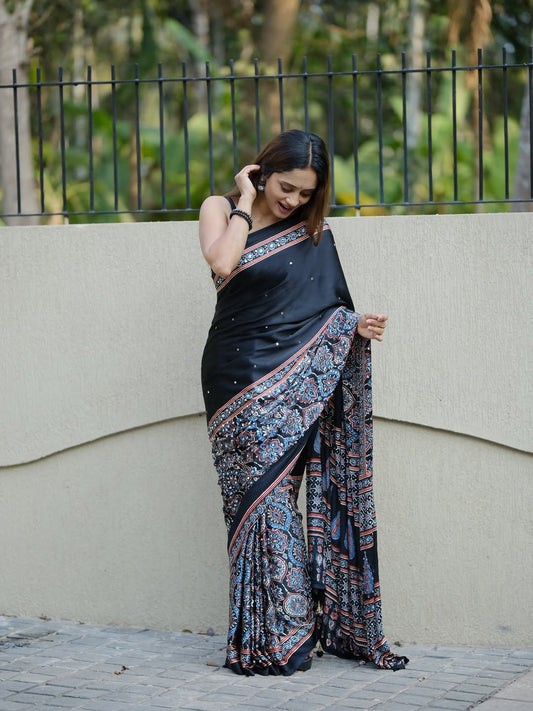 Design Lunch Real Mirror Work Semi Gajji Silk Soft and Smooth Saree