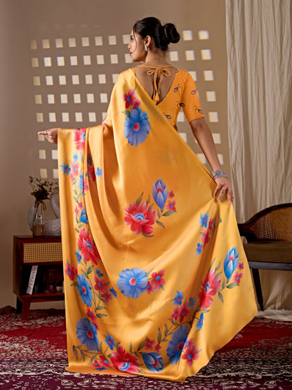Elegant Soft Satin Georgette Saree Featuring Beautiful Floral Digital Print In A Vibrant Mustard Yellow Base With Multicolor Flower Motifs, Giving A Bright And Cheerful Look