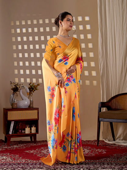 Elegant Soft Satin Georgette Saree Featuring Beautiful Floral Digital Print In A Vibrant Mustard Yellow Base With Multicolor Flower Motifs, Giving A Bright And Cheerful Look