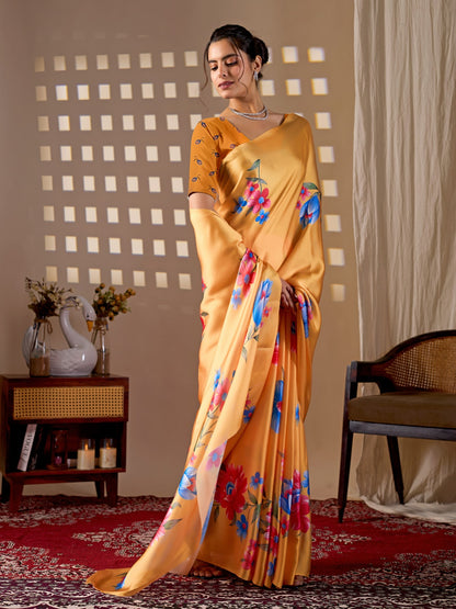 Elegant Soft Satin Georgette Saree Featuring Beautiful Floral Digital Print In A Vibrant Mustard Yellow Base With Multicolor Flower Motifs, Giving A Bright And Cheerful Look