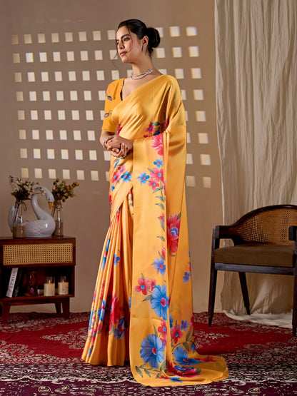 Elegant Soft Satin Georgette Saree Featuring Beautiful Floral Digital Print In A Vibrant Mustard Yellow Base With Multicolor Flower Motifs, Giving A Bright And Cheerful Look