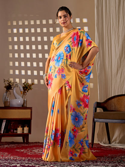 Elegant Soft Satin Georgette Saree Featuring Beautiful Floral Digital Print In A Vibrant Mustard Yellow Base With Multicolor Flower Motifs, Giving A Bright And Cheerful Look