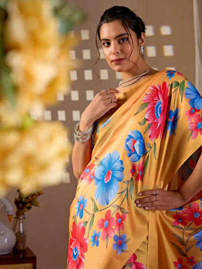 Elegant Soft Satin Georgette Saree Featuring Beautiful Floral Digital Print In A Vibrant Mustard Yellow Base With Multicolor Flower Motifs, Giving A Bright And Cheerful Look