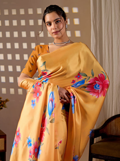 Elegant Soft Satin Georgette Saree Featuring Beautiful Floral Digital Print In A Vibrant Mustard Yellow Base With Multicolor Flower Motifs, Giving A Bright And Cheerful Look