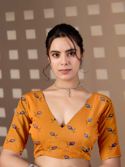 Elegant Soft Satin Georgette Saree Featuring Beautiful Floral Digital Print In A Vibrant Mustard Yellow Base With Multicolor Flower Motifs, Giving A Bright And Cheerful Look