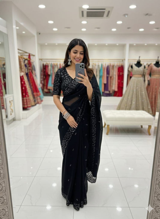 Fandy Satin Silk Multi Thread Sequence Work Saree