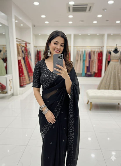 Fandy Satin Silk Multi Thread Sequence Work Saree