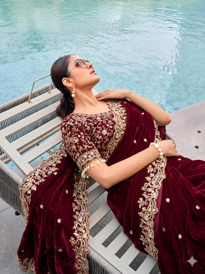 Maroon Elegance Heavy Embroidery Saree with Blouse