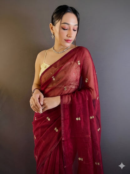 Floral Embroidered Silk Saree