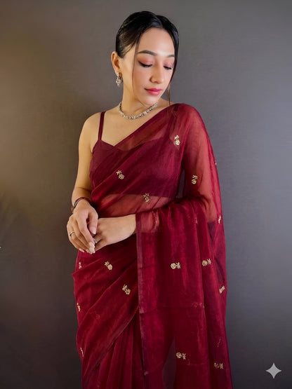 Floral Embroidered Silk Saree