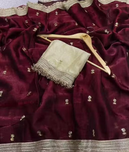 Embroidered Zari Silk Blend Heavy Work Ready To Wear Saree