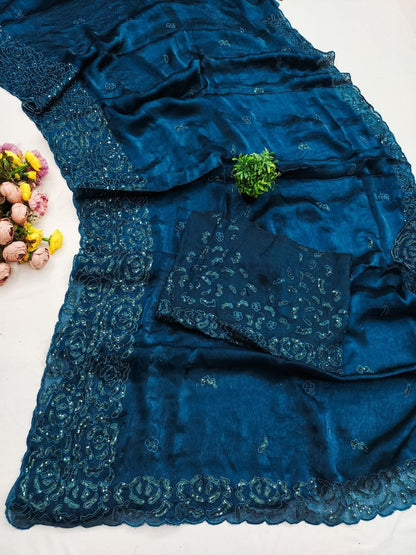 Fandy Satin Silk Multi Thread Sequence Work Saree