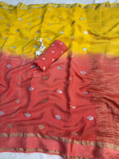 Designer Pure Soft Chinnon Silk Saree Featuring Dual Satin Border and All-Over Jacquard Buti Pattern with Running Blouse