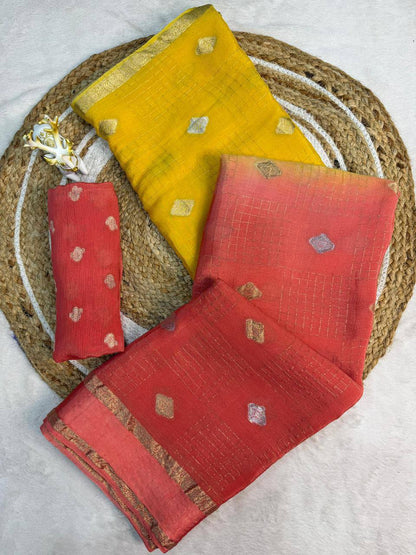 Designer Pure Soft Chinnon Silk Saree Featuring Dual Satin Border and All-Over Jacquard Buti Pattern with Running Blouse