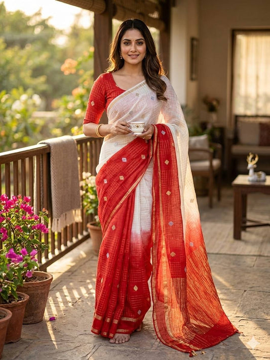 Designer Pure Soft Chinnon Silk Saree Featuring Dual Satin Border and All-Over Jacquard Buti Pattern with Running Blouse