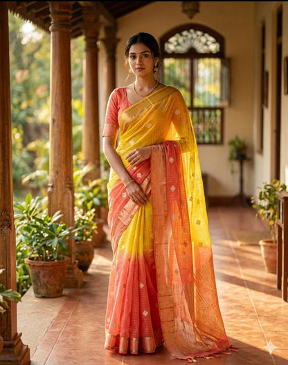 Designer Pure Soft Chinnon Silk Saree Featuring Dual Satin Border and All-Over Jacquard Buti Pattern with Running Blouse