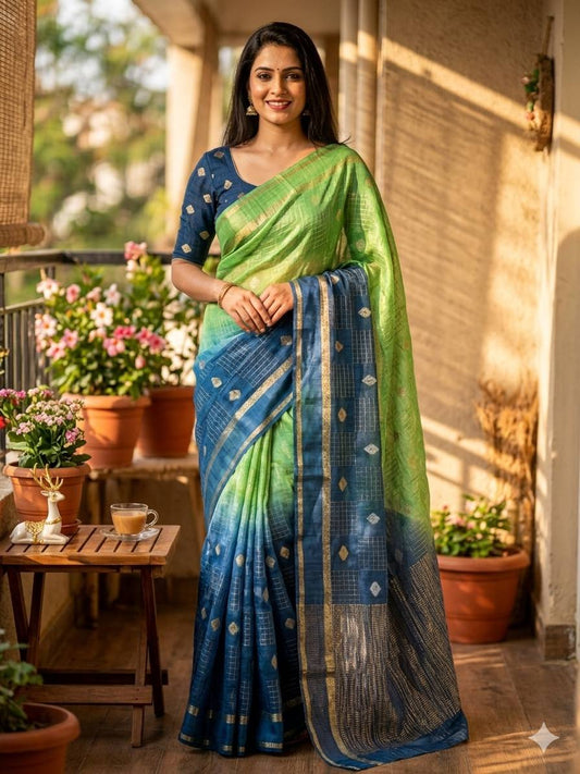 Designer Pure Soft Chinnon Silk Saree Featuring Dual Satin Border and All-Over Jacquard Buti Pattern with Running Blouse