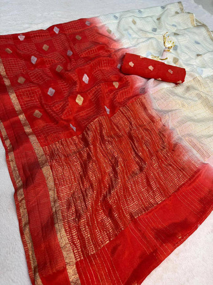 Designer Pure Soft Chinnon Silk Saree Featuring Dual Satin Border and All-Over Jacquard Buti Pattern with Running Blouse