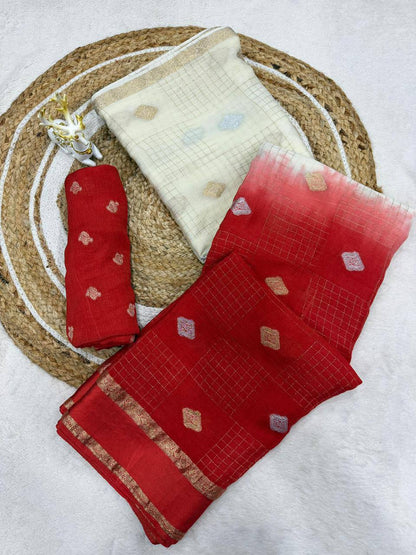 Designer Pure Soft Chinnon Silk Saree Featuring Dual Satin Border and All-Over Jacquard Buti Pattern with Running Blouse