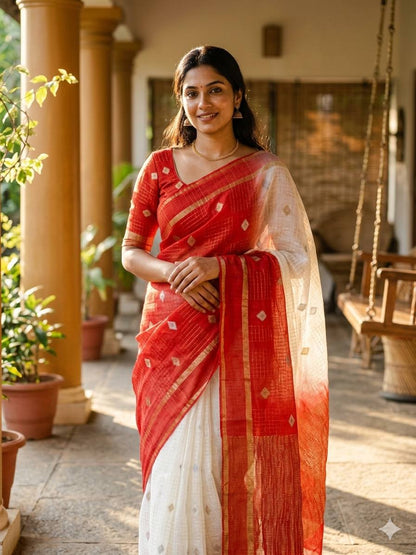 Designer Pure Soft Chinnon Silk Saree Featuring Dual Satin Border and All-Over Jacquard Buti Pattern with Running Blouse