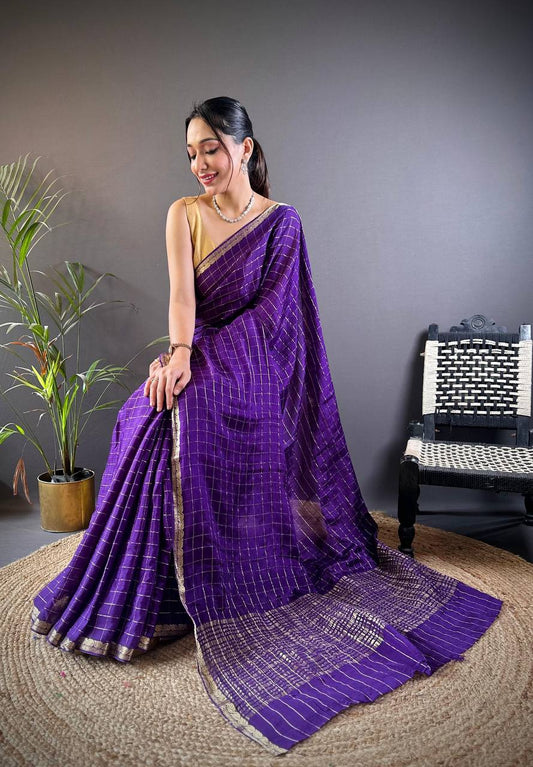 Traditional Pure Viscose Saree with Golden Work, Satin Border on Both Sides & Running Blouse