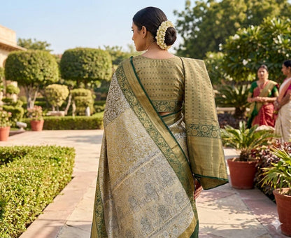 Traditional Pure Kanjivaram Silk Saree Featuring Intricate Mina Weaving, Contrast Border and Rich Gold Zari Woven Pallu