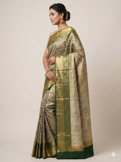 Traditional Pure Kanjivaram Silk Saree Featuring Intricate Mina Weaving, Contrast Border and Rich Gold Zari Woven Pallu