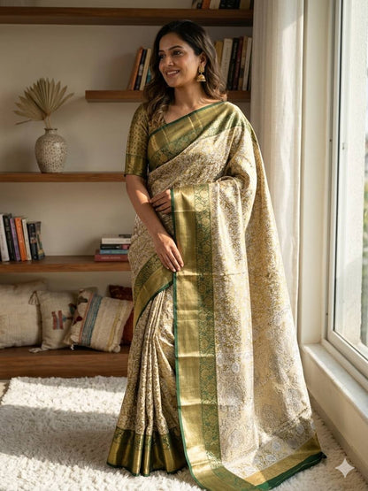 Traditional Pure Kanjivaram Silk Saree Featuring Intricate Mina Weaving, Contrast Border and Rich Gold Zari Woven Pallu