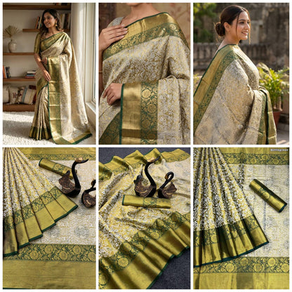 Traditional Pure Kanjivaram Silk Saree Featuring Intricate Mina Weaving, Contrast Border and Rich Gold Zari Woven Pallu