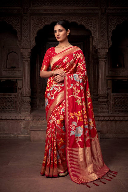 Designer Pure Soft Crepe Khadi Silk Weaving Saree with Intricate Bird Motifs, Fancy Latkan Work & Matching Running Blouse