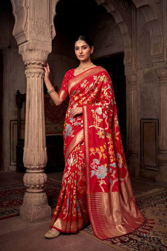 Designer Pure Soft Crepe Khadi Silk Weaving Saree with Intricate Bird Motifs, Fancy Latkan Work & Matching Running Blouse