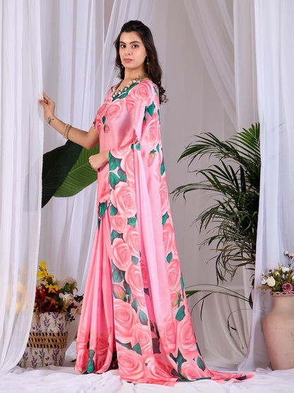 Elegant Soft Satin Georgette Saree featuring beautiful all-over rose floral digital print in a soft pink tone, giving a graceful and eye-catching look.