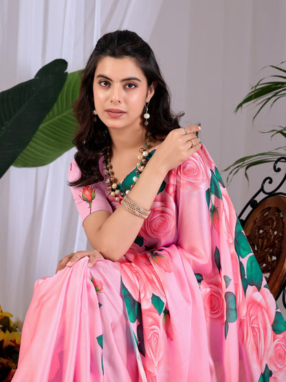 Elegant Soft Satin Georgette Saree featuring beautiful all-over rose floral digital print in a soft pink tone, giving a graceful and eye-catching look.