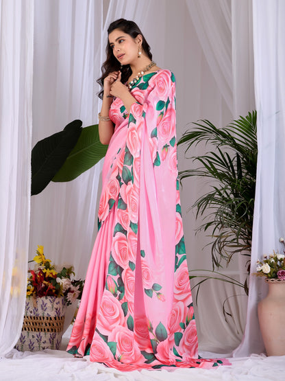 Elegant Soft Satin Georgette Saree featuring beautiful all-over rose floral digital print in a soft pink tone, giving a graceful and eye-catching look.