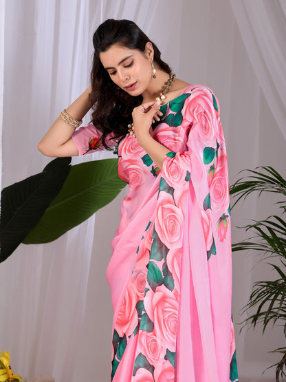 Elegant Soft Satin Georgette Saree featuring beautiful all-over rose floral digital print in a soft pink tone, giving a graceful and eye-catching look.