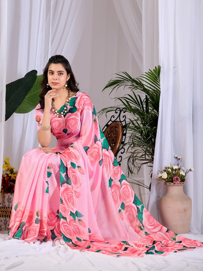 Elegant Soft Satin Georgette Saree featuring beautiful all-over rose floral digital print in a soft pink tone, giving a graceful and eye-catching look.