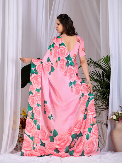 Elegant Soft Satin Georgette Saree featuring beautiful all-over rose floral digital print in a soft pink tone, giving a graceful and eye-catching look.