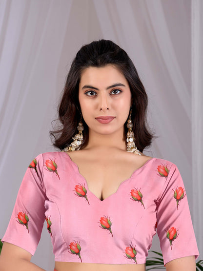 Elegant Soft Satin Georgette Saree featuring beautiful all-over rose floral digital print in a soft pink tone, giving a graceful and eye-catching look.