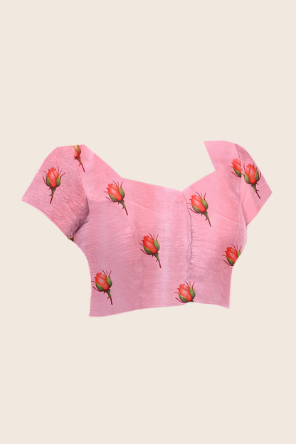 Elegant Soft Satin Georgette Saree featuring beautiful all-over rose floral digital print in a soft pink tone, giving a graceful and eye-catching look.