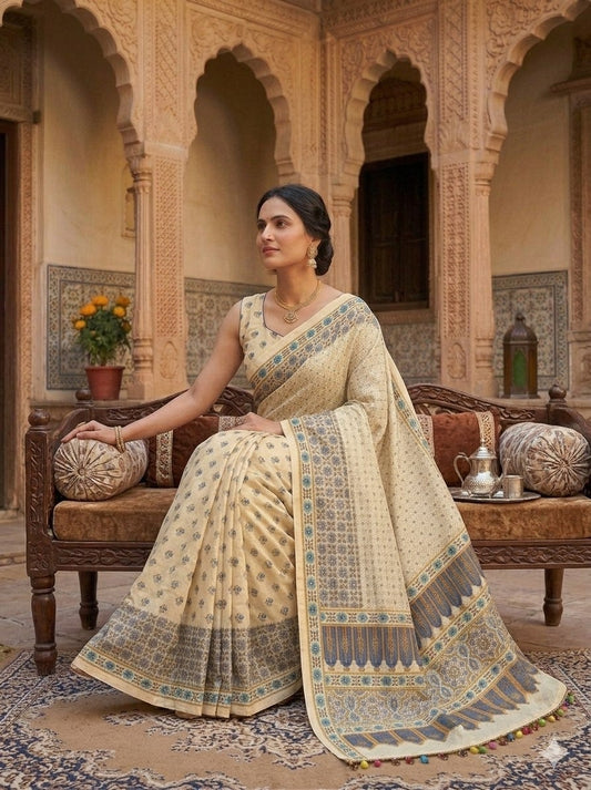 Insta Viral Ajrak Mirror Work Saree – Trending Collection