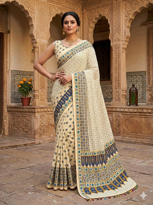 Insta Viral Ajrak Mirror Work Saree – Trending Collection