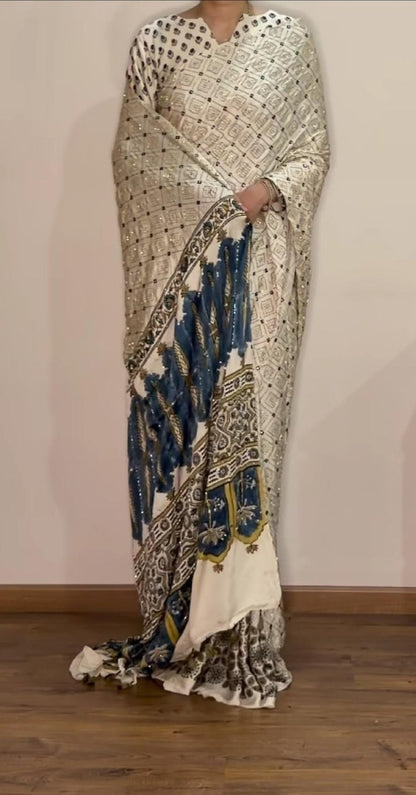 Insta Viral Ajrak Mirror Work Saree – Trending Collection