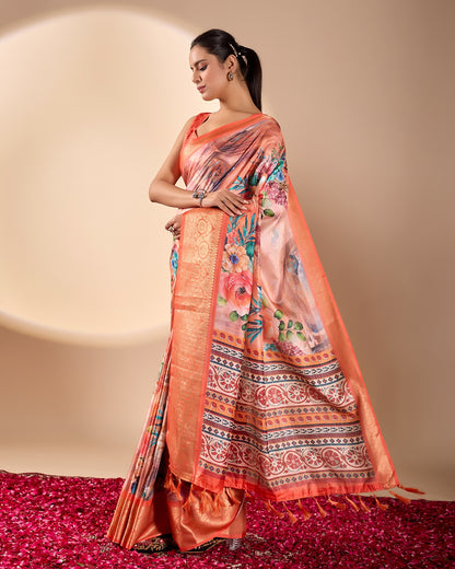 Soft Lichi Silk Saree adorned with elegant floral patterns and intricate Patola-inspired pallu, complemented by a luxurious zari woven border