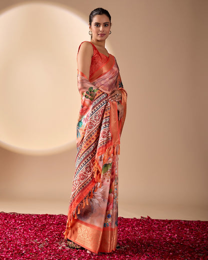 Soft Lichi Silk Saree adorned with elegant floral patterns and intricate Patola-inspired pallu, complemented by a luxurious zari woven border