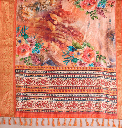 Soft Lichi Silk Saree adorned with elegant floral patterns and intricate Patola-inspired pallu, complemented by a luxurious zari woven border