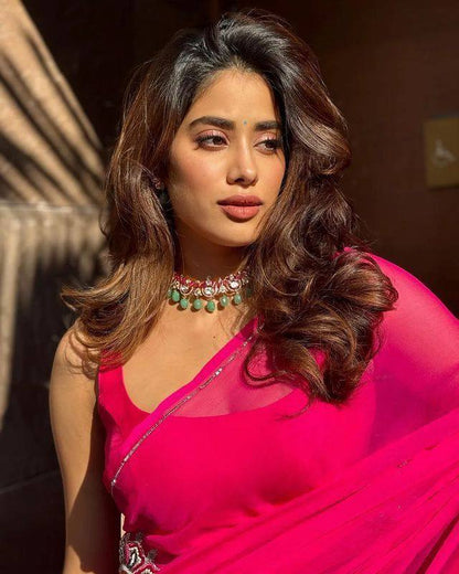 Janvi Kapoor Inspired Soft Georgette Saree with Beautiful Val Moti & Thread Handwork
