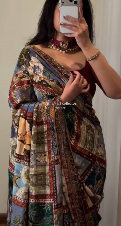 Super Trending Ajrakh Handwork Saree with Original Mirror Work – A Timeless Blend of Tradition & Elegance