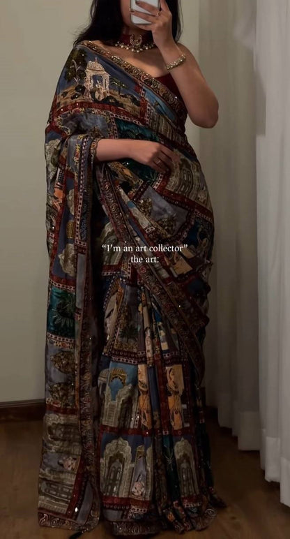 Super Trending Ajrakh Handwork Saree with Original Mirror Work – A Timeless Blend of Tradition & Elegance