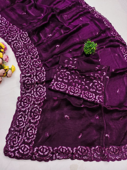 Fandy Satin Silk Multi Thread Sequence Work Saree