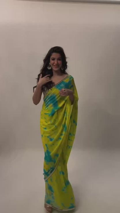 Shanaya Kapoor Inspired Designer Georgette Digital Printed Saree with Real Mirror Lace Border, Original Mirror Work & Beautiful Stitched Blouse
